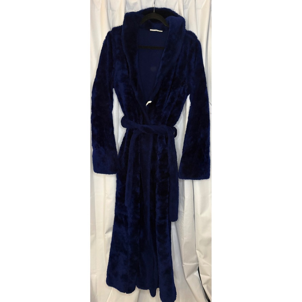 VTG 70s Borg Blue Faux Fur Long Maxi Loungewear Robe Belted Old Hollywood Luxury